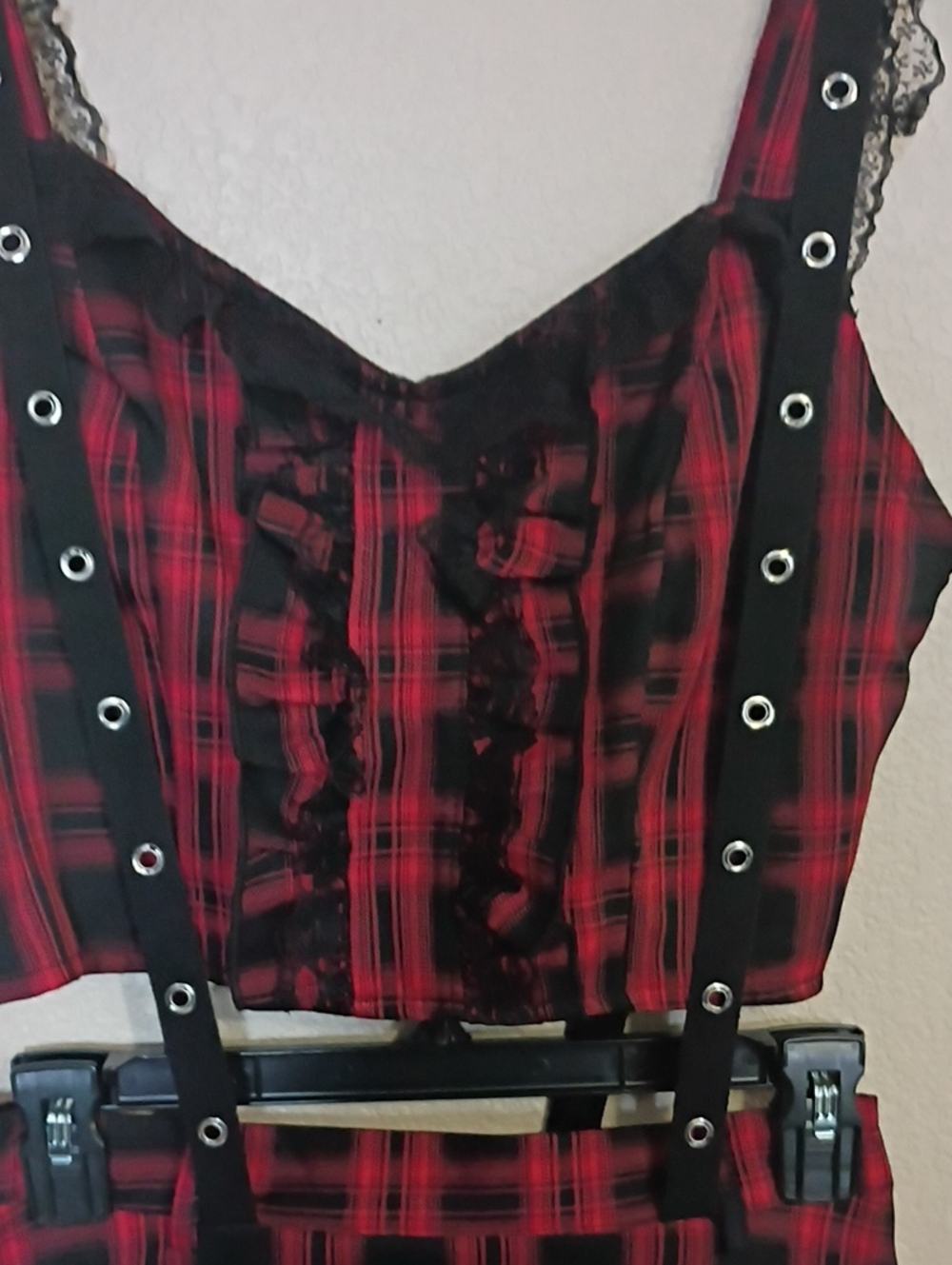 Red & Black Plaid Lace Trim Two-Piece Set Shirt And Skirt - Picture 3 of 7